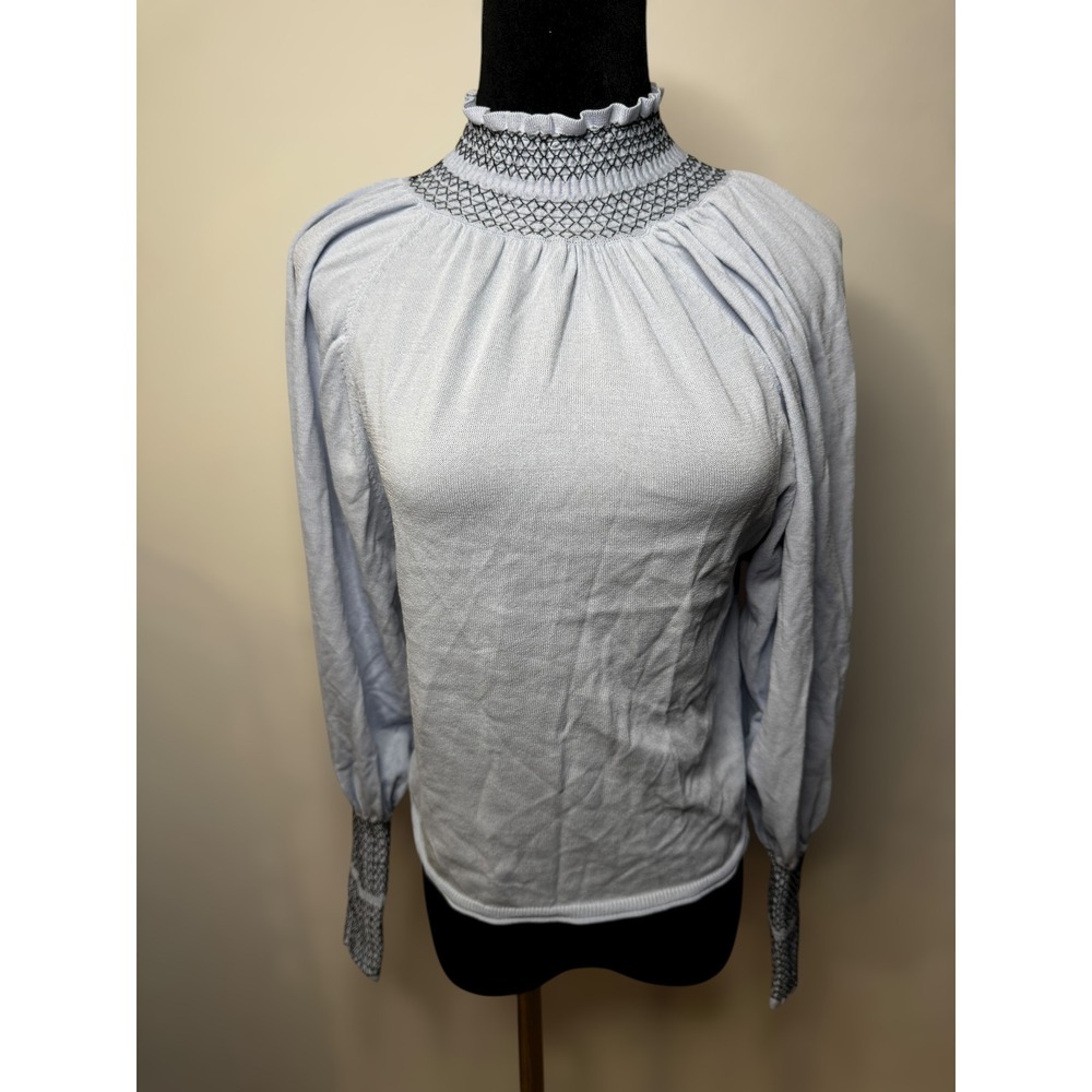 Zara Light Blue High Neck Balloon Sleeve Knit Top Womens Smocked Pullover size S